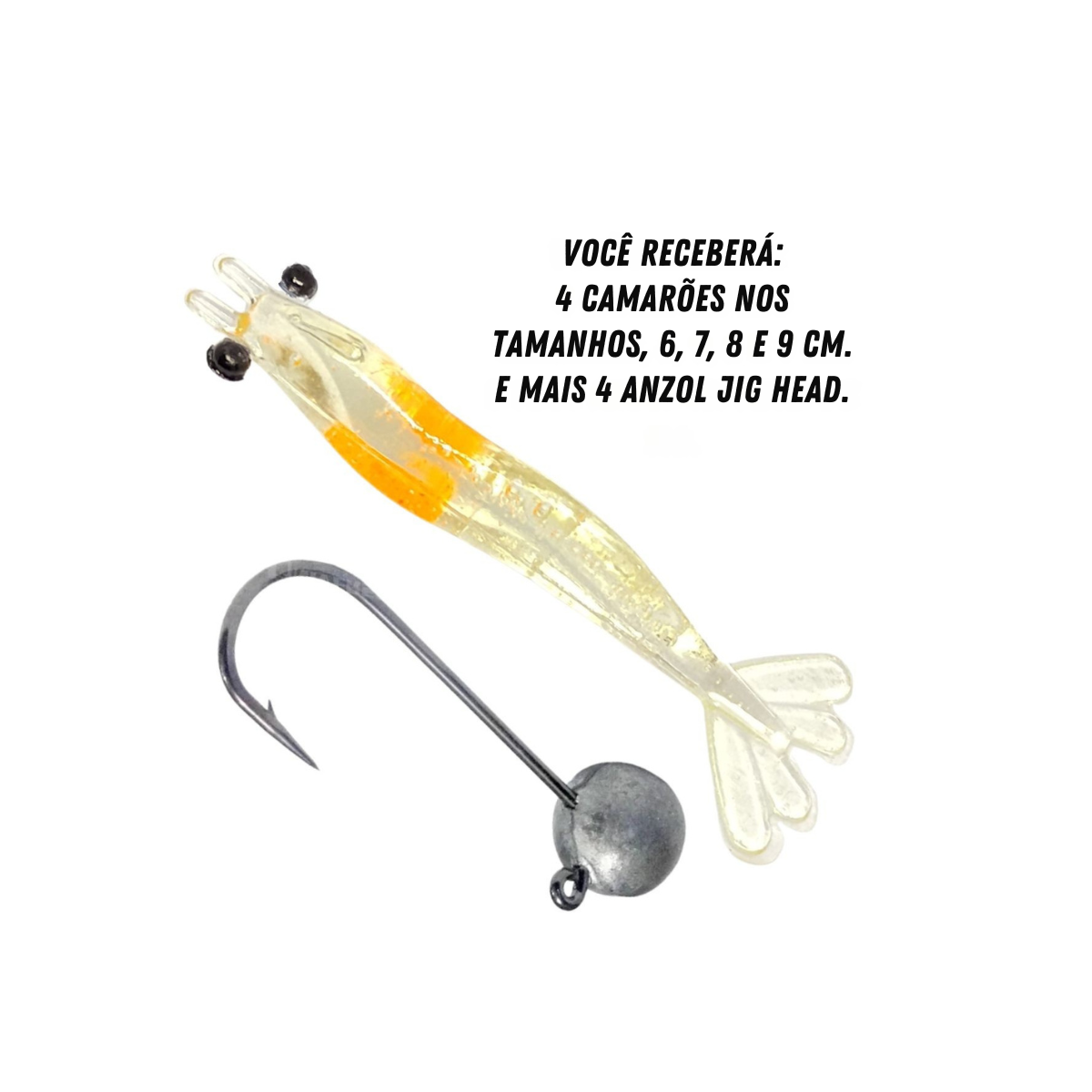 Kit 4 Isca Artificial Camarão e 4 Jig Head Tucunaré e Robalo