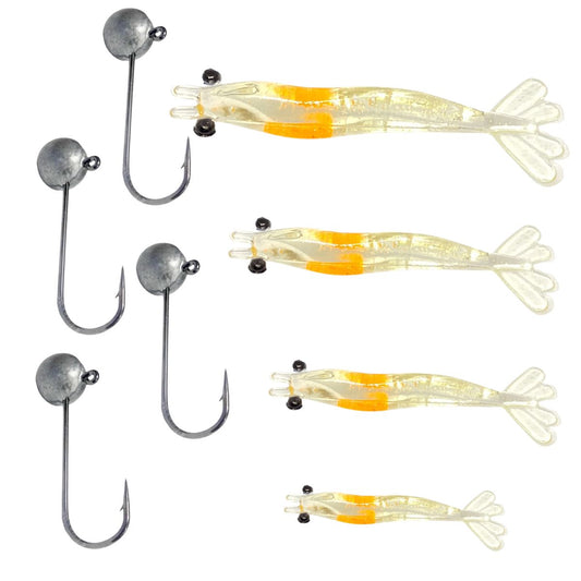 Kit 4 Isca Artificial Camarão e 4 Jig Head Tucunaré e Robalo